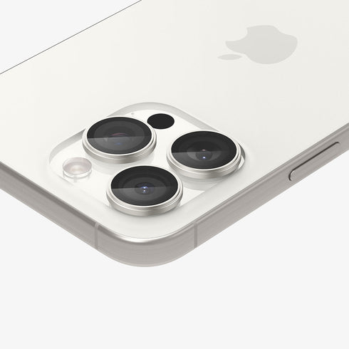 AGL07163 - iPhone 15 Pro / 15 Pro Max Optik Pro Lens Protector in natural titanium showing the device